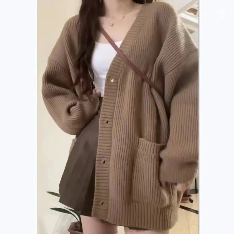 Women Cardigan Long Sleeve V-neck Loose Knitted Sweater Cardigan