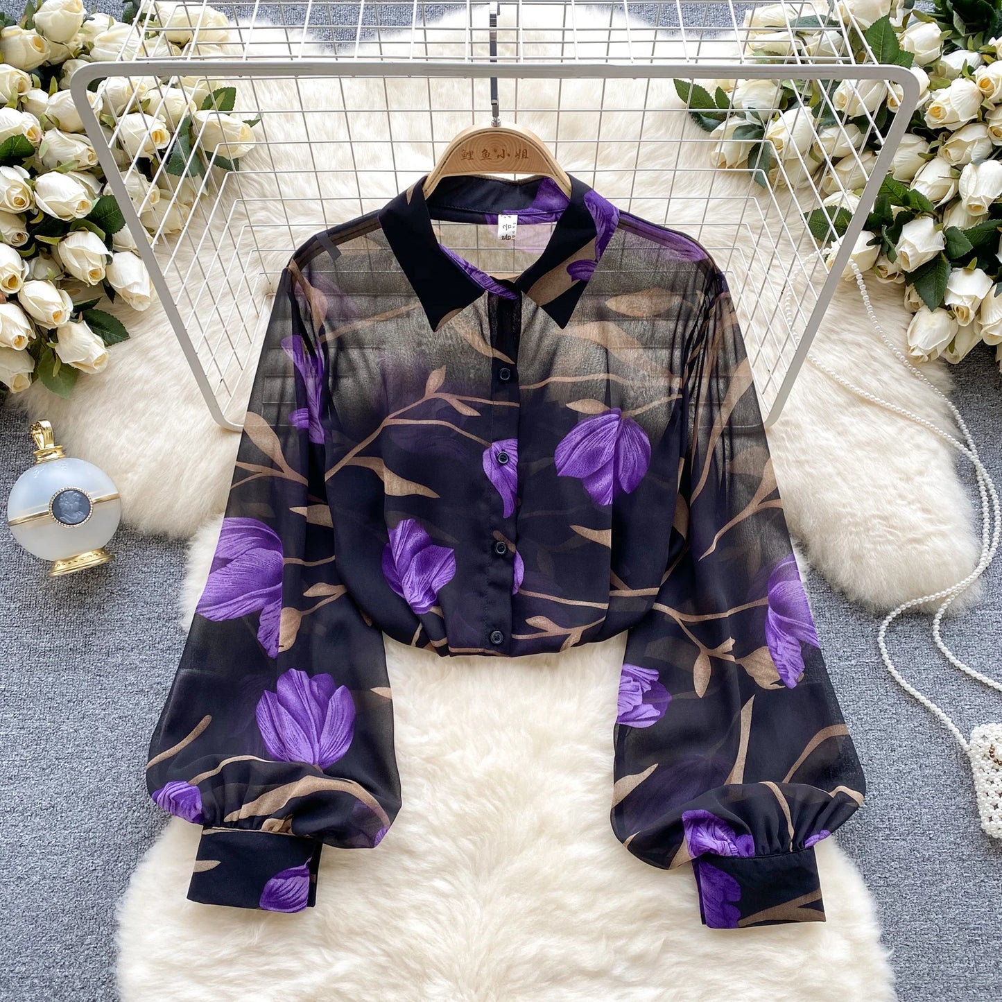 Floral Print Women Shirt Summer Lantern Sleeve Retro French Loose Blouse