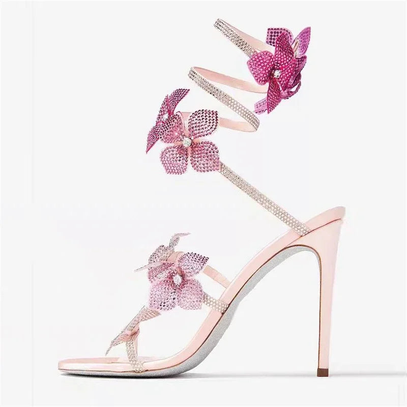 Sexy CRYSTAL Flower Thin High Heels Women Sandals Ankle Strap Shoes