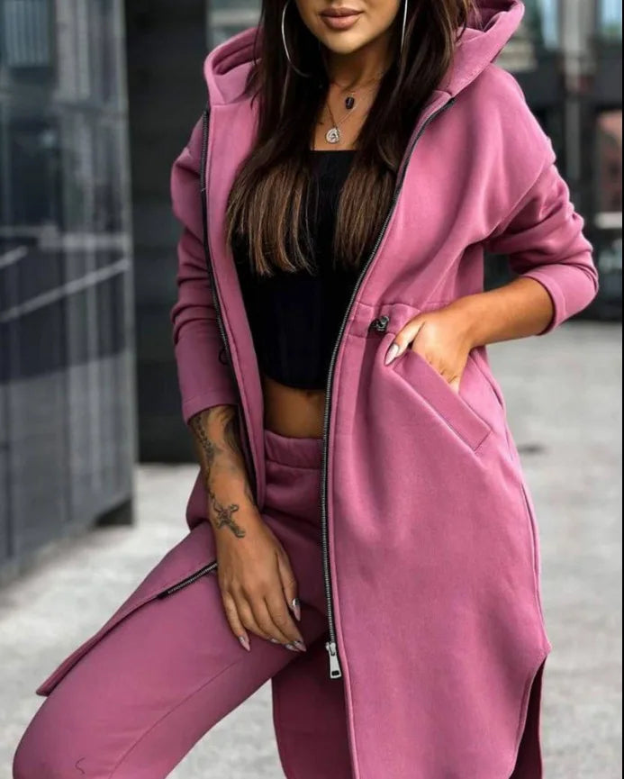 Women Pant Set Hooded Zipper Long Coats Two Piece Suits Casual Straight Pants