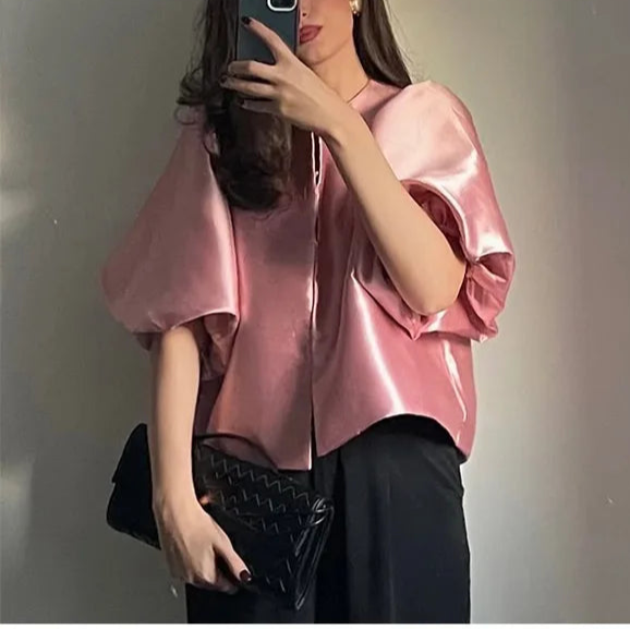 Solid Satin Women's Blouse Top With Pouf Balloon Sleeve O Neck Loose Blouses
