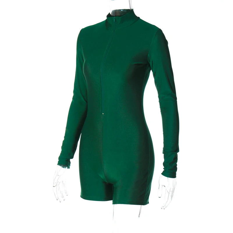 Solid Turtleneck Playsuit Romper Long Sleeve Zip Up Sexy Slim Skinny One Piece Playsuit Party Romper