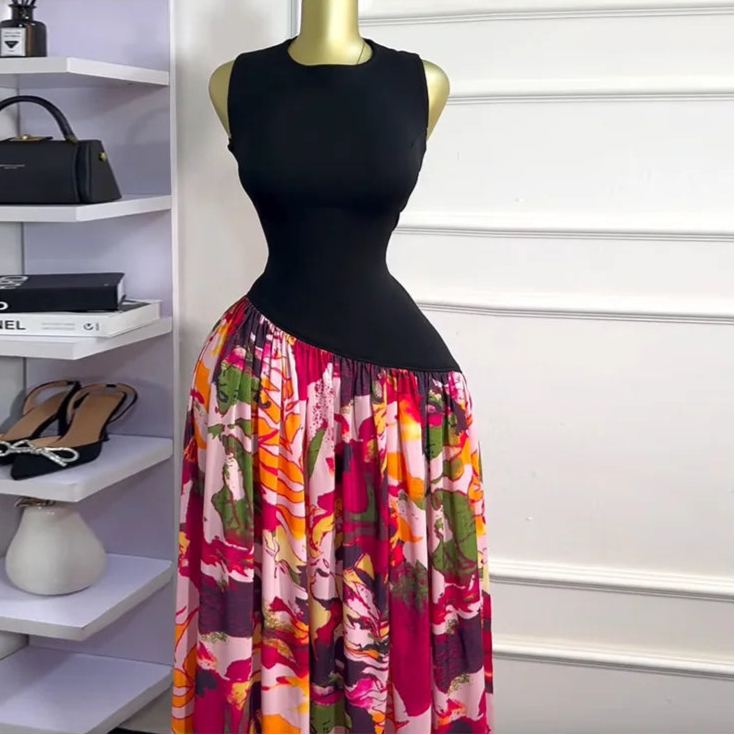 Sleeveless ashes Maxi Dress Printed Patchwork Tank Long Maxi Dress