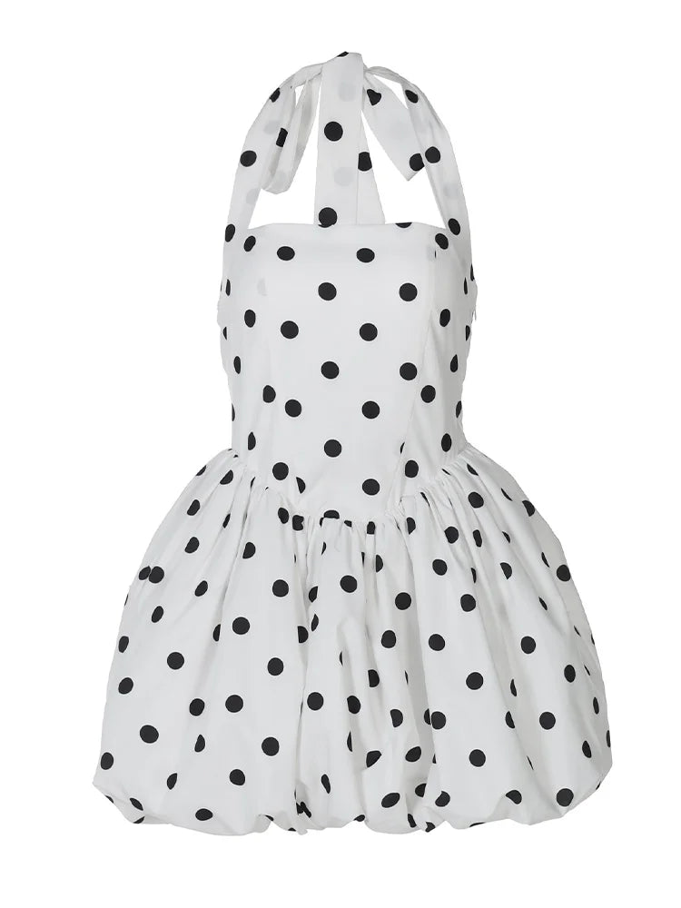 Polka Dot Halter Strapless Dress Women Elegant Sleeveless Backless Waist Cinching Ball Gown