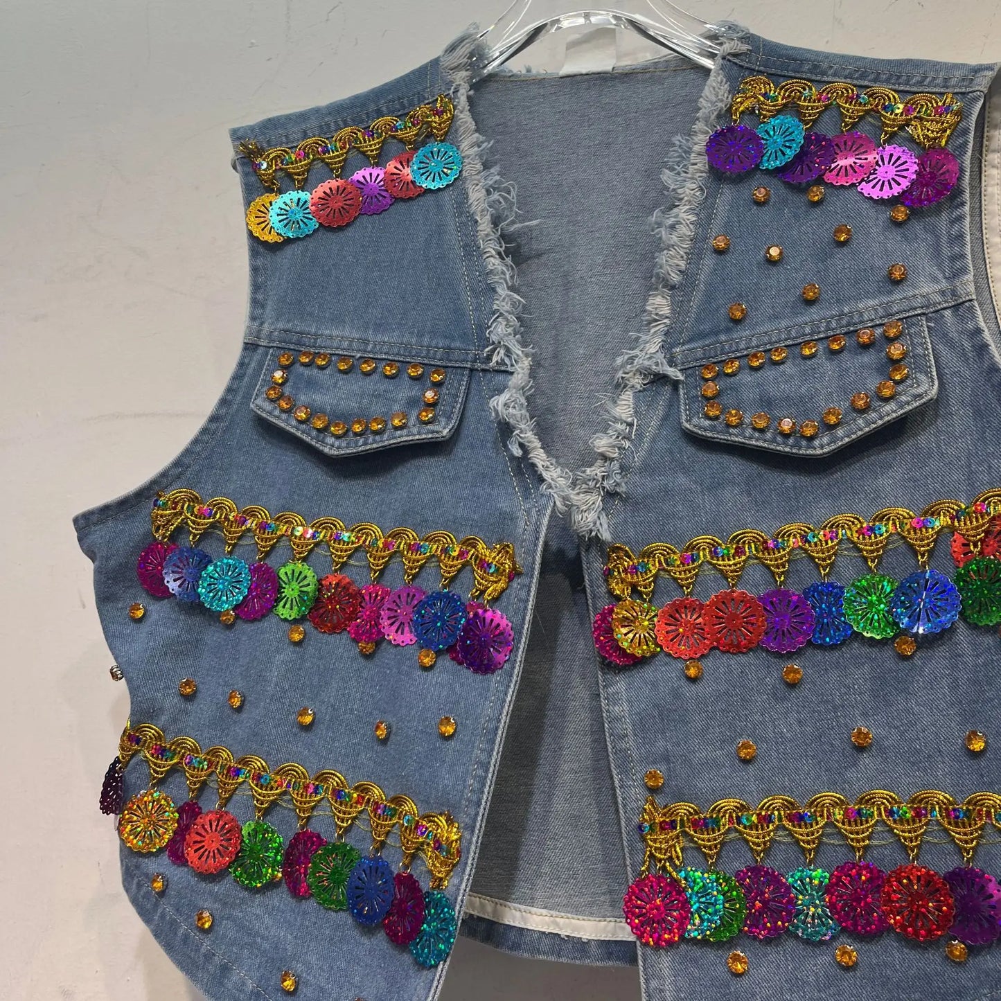 Sequined Denim Rhinestones Jeans Sleeveless Cowboy Vest + Jeans Pants