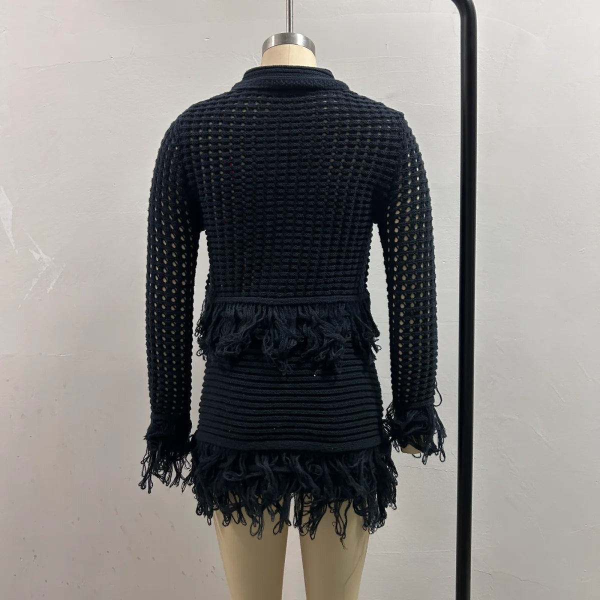 Vintage Women Knitted Hollow Out Tassel Mini Skirt Set Cardigan+Fringe Mini Skirt