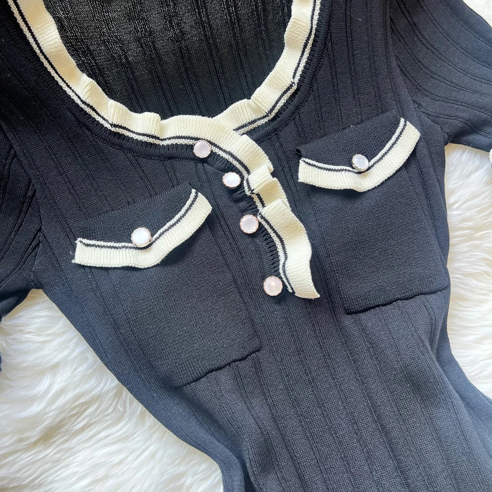 Chic Knitted Mini Dress Elegant Black Ruffled Party Dress
