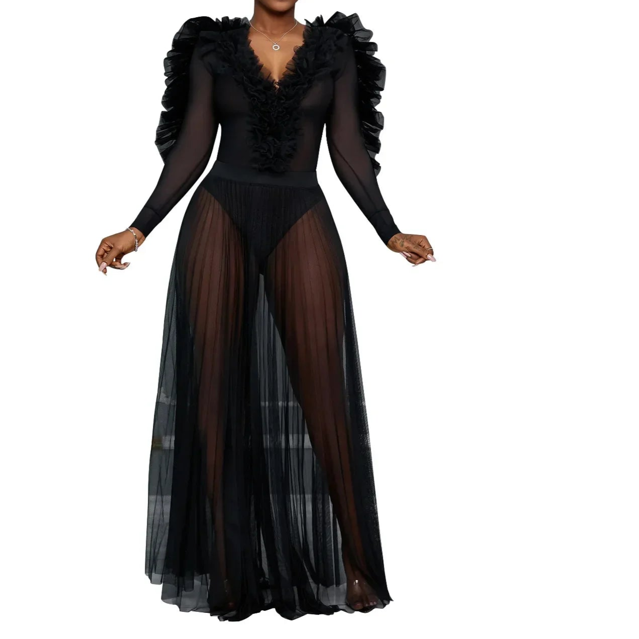 Women Selvedge Ruffles Full Sleeve V-neck Long Maxi Dress Birthday Mesh See Through Party Evening Dress