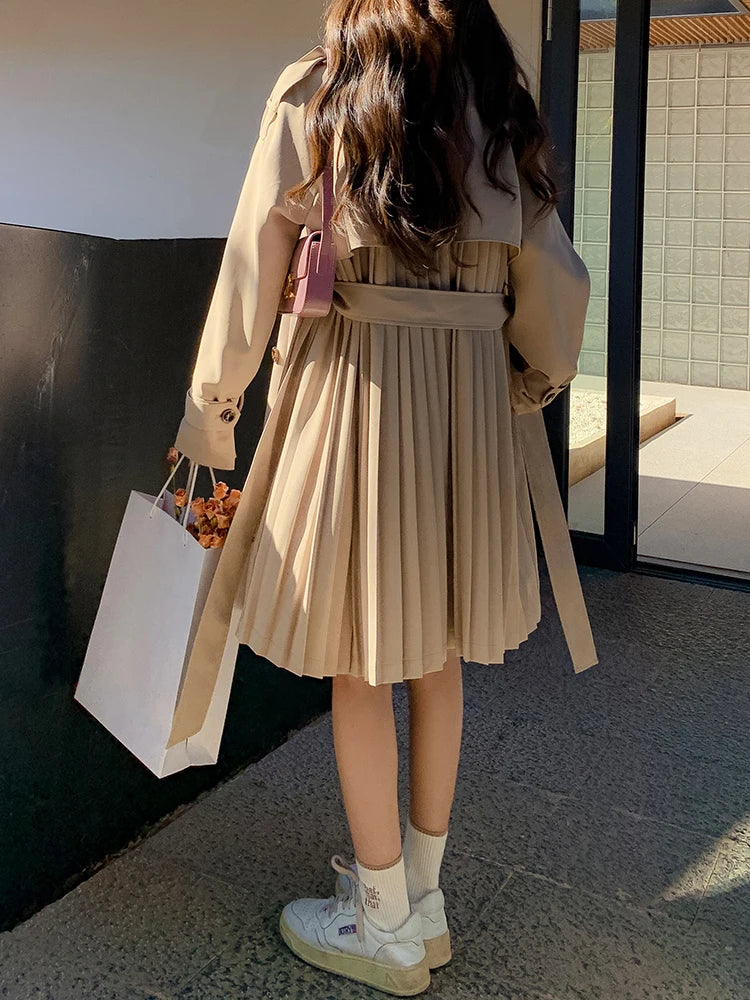 Women Khaki Pleated Elegant Trench New Lapel Long Sleeve Windbreaker Trench Coat