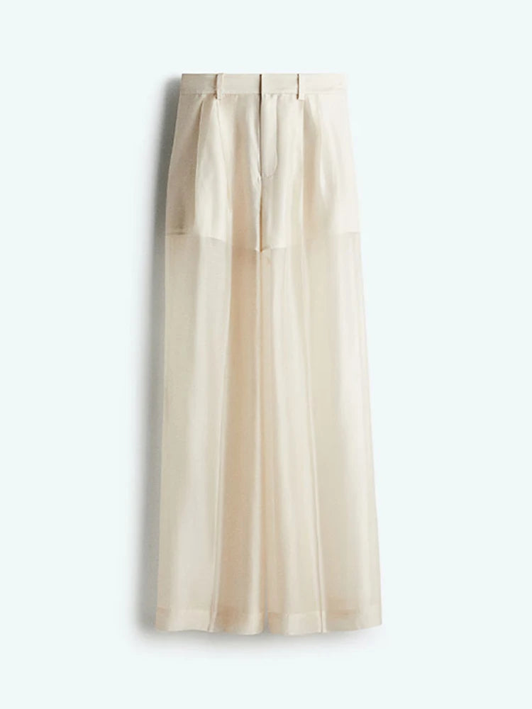 Sexy See Through Silk Set Women Elegant Blazer Coat Loose Shirt Wide-leg Pants
