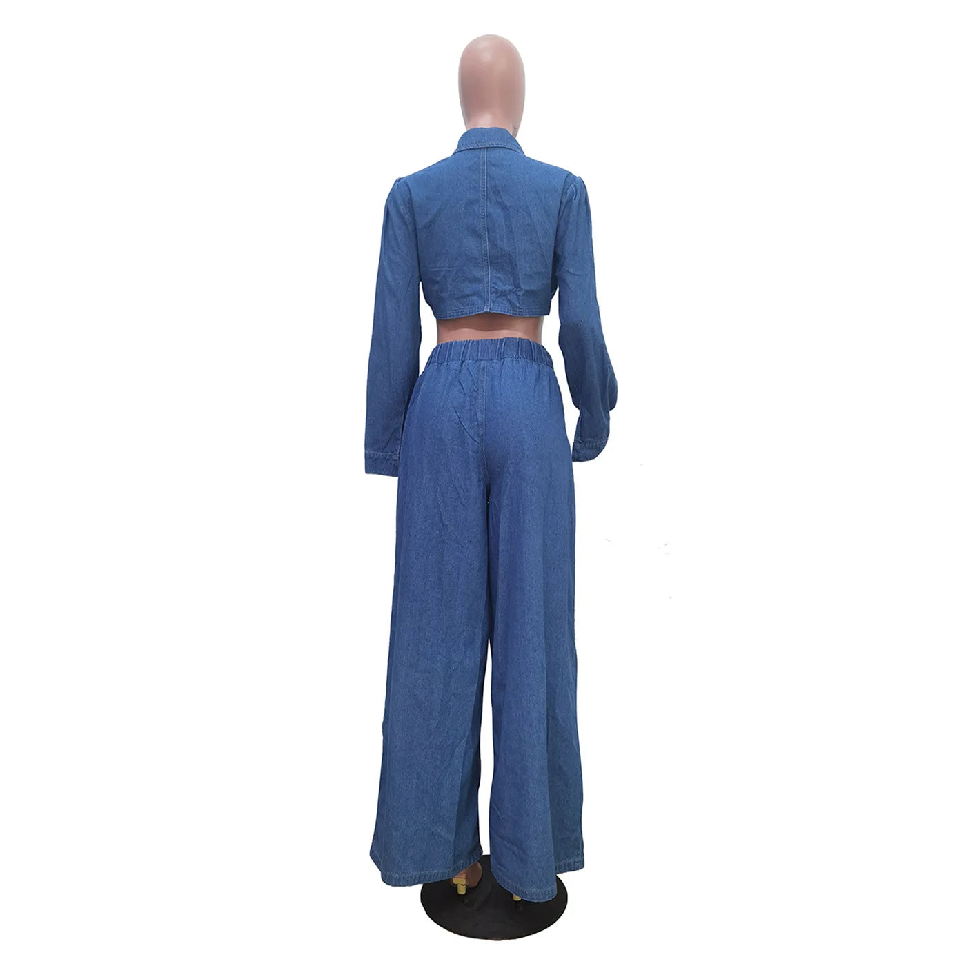 Denim Crop Top Tie Knot Shirt Cardigan + Wide Leg Loose Outfit Pants