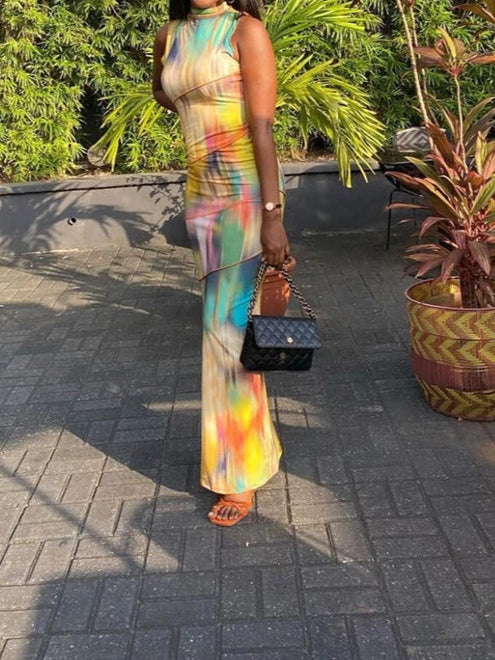 Colorful Print Dress Women Sleeveless Patchwork Skinny Bodycon Dress