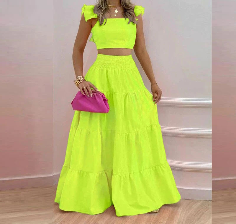Y2k Two Piece Set Elegant Sexy Collage Sleeveless Top and Maxi Skirt Set