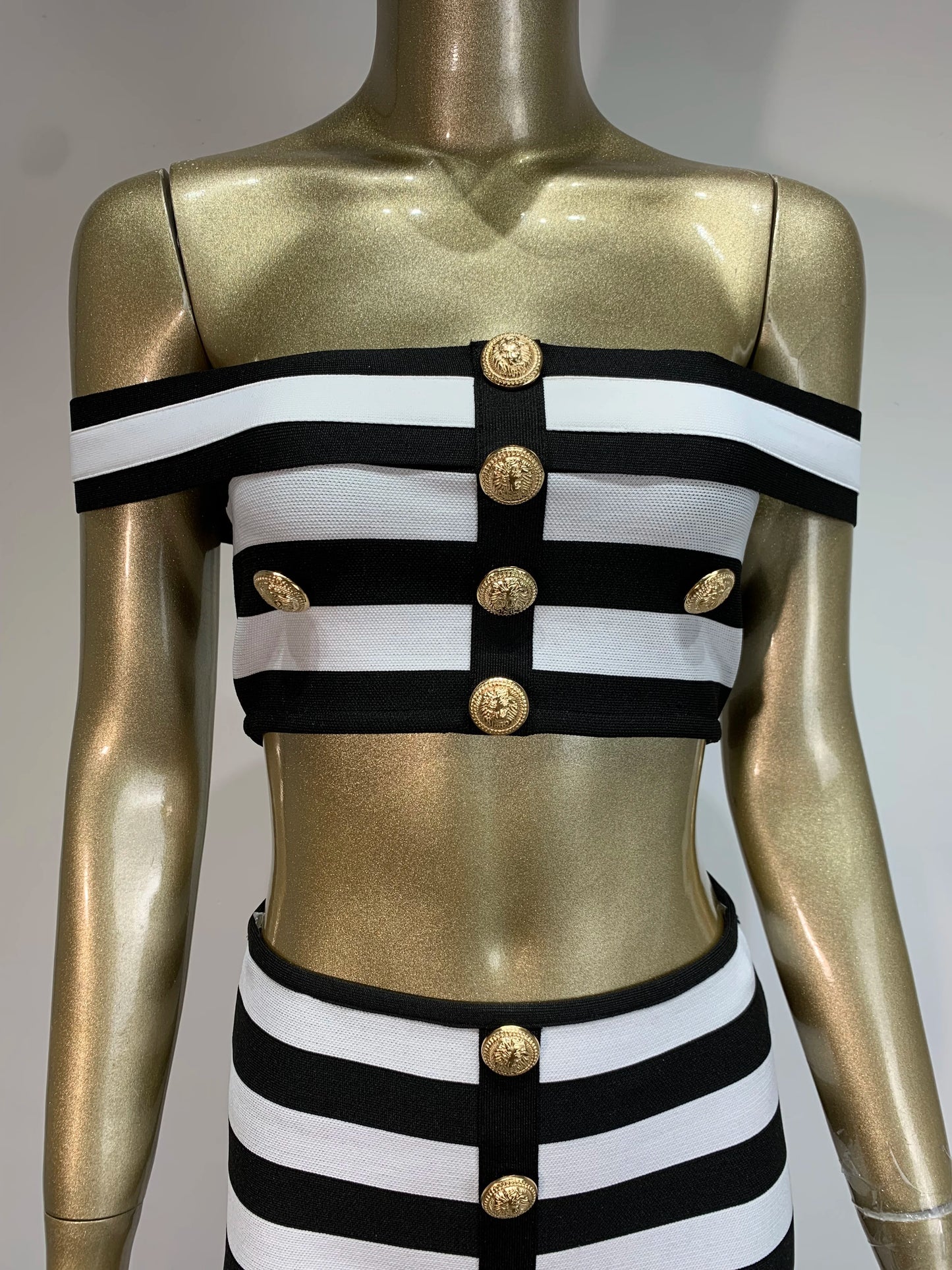 Women Off Shoulder Striped Button Two Piece Mini Bandage Skirt Set