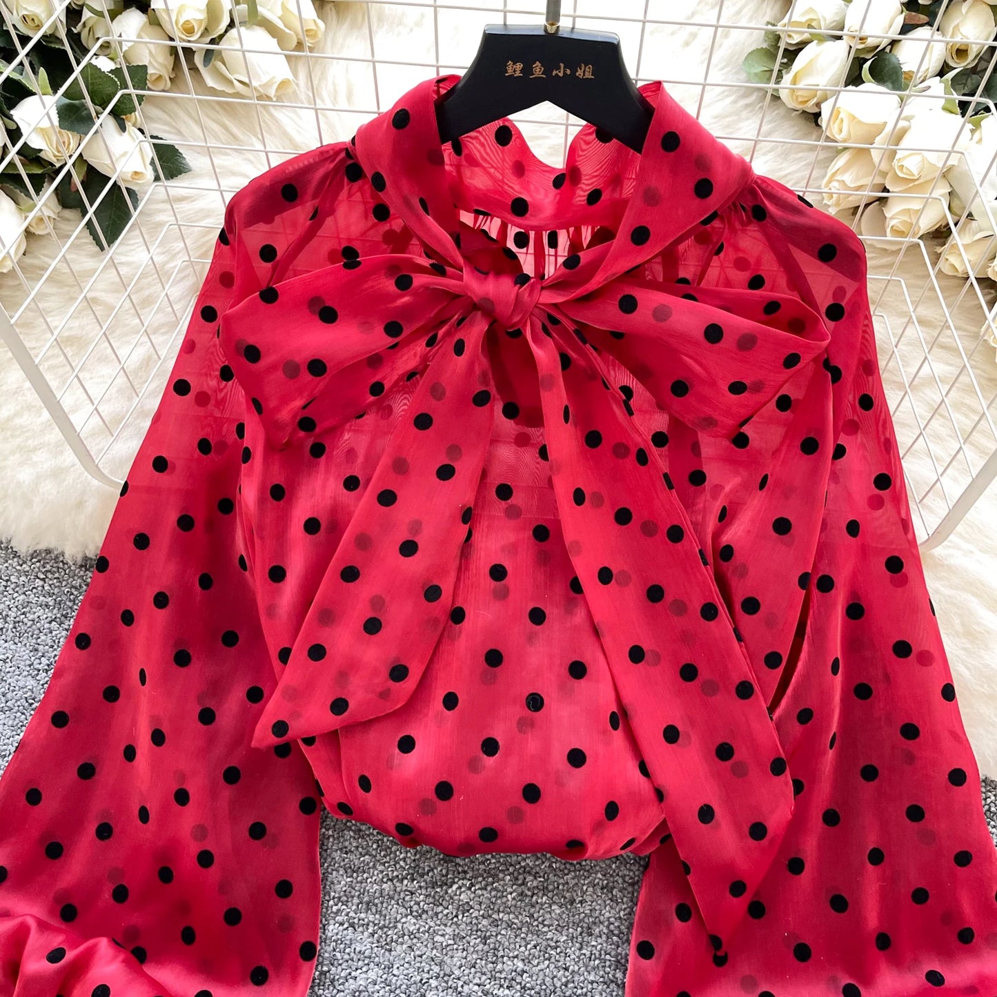 Vintage Polka Dot Tops Puff Sleeve Bow Lace Up Design Blouse