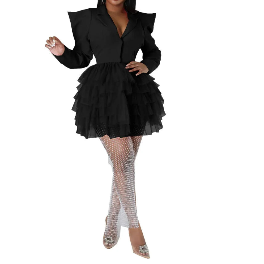 Mesh Paneling Solid Right Shoulders Long Sleeves Cake Dress For Women