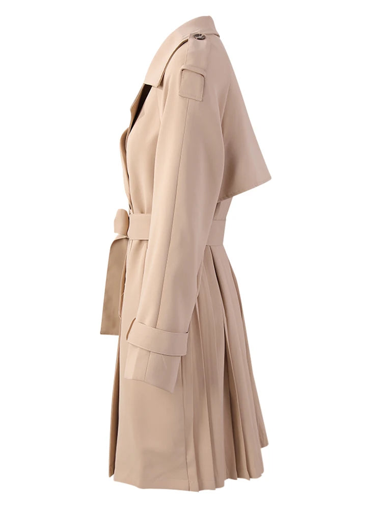 Women Khaki Pleated Elegant Trench New Lapel Long Sleeve Windbreaker Trench Coat