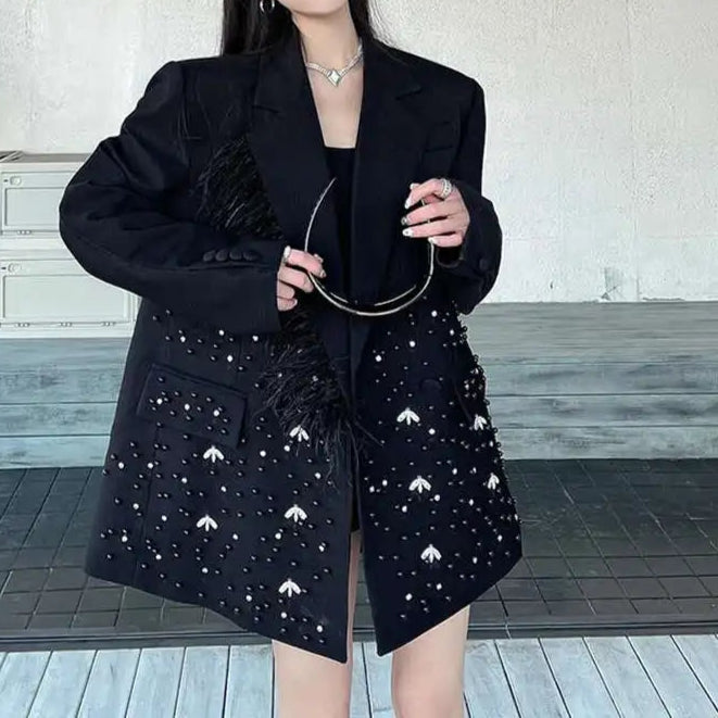 Stamping Nail Beads Blazer for Women's Notched Collar Double Breasted Loose Feather Patchwork Suit Jacket