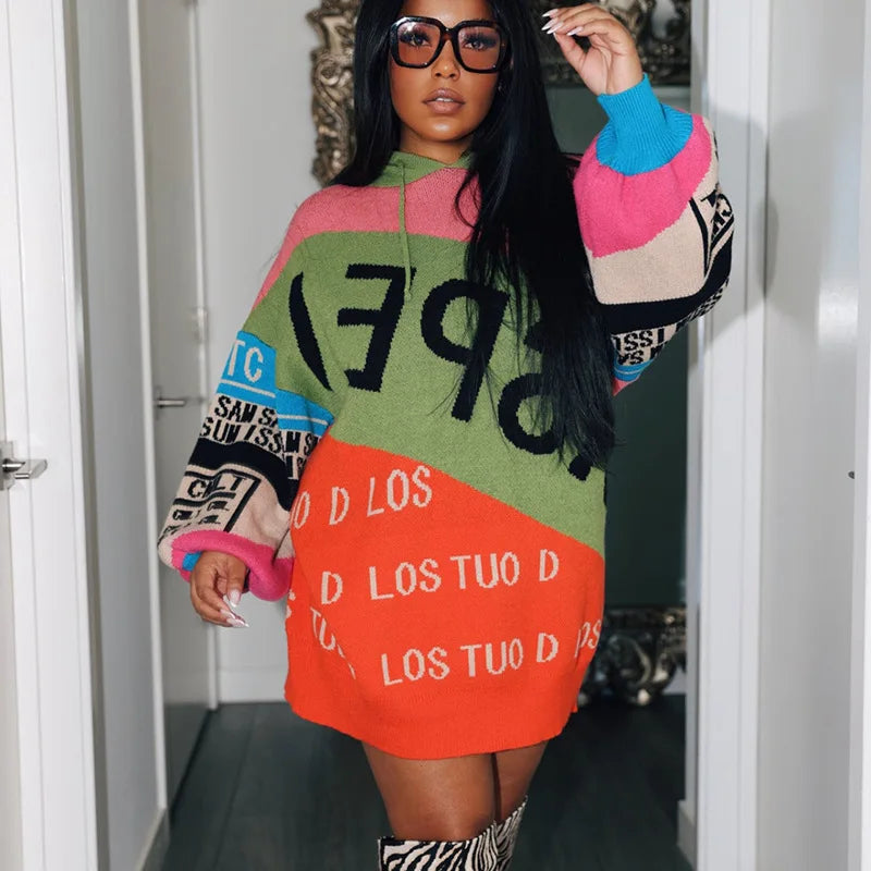 Autumn and Winter Hooded Drawstring Long Sleeves Color Matching Letters Loose Long Sleeves Women's Sweater Jumper