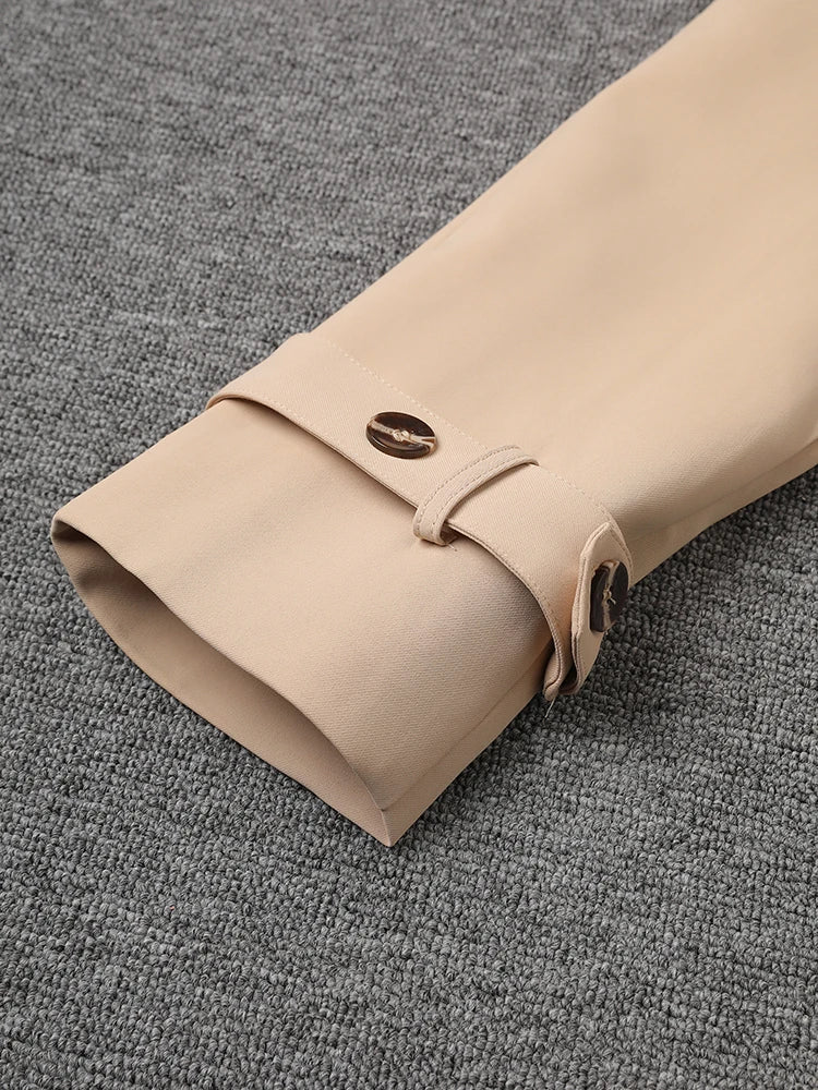 Women Khaki Pleated Elegant Trench New Lapel Long Sleeve Windbreaker Trench Coat