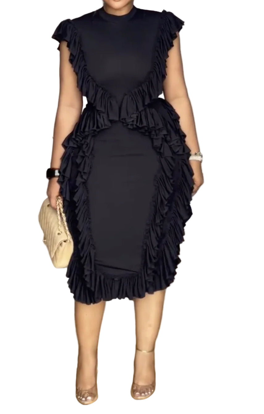 Elegant Black Dress Sleeveless Bodycon Round Neck Casual Vintage Midi Dress