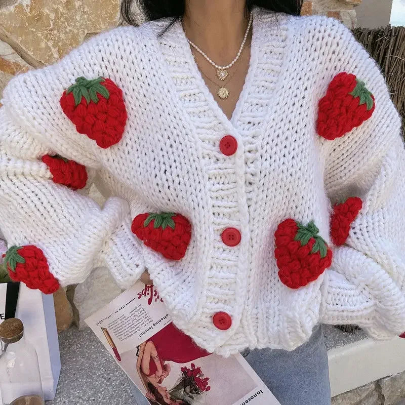 Large Size Women Sweater Puff Sleeve Strawberry Sweet Full Cardigans Loose Girls Sweater