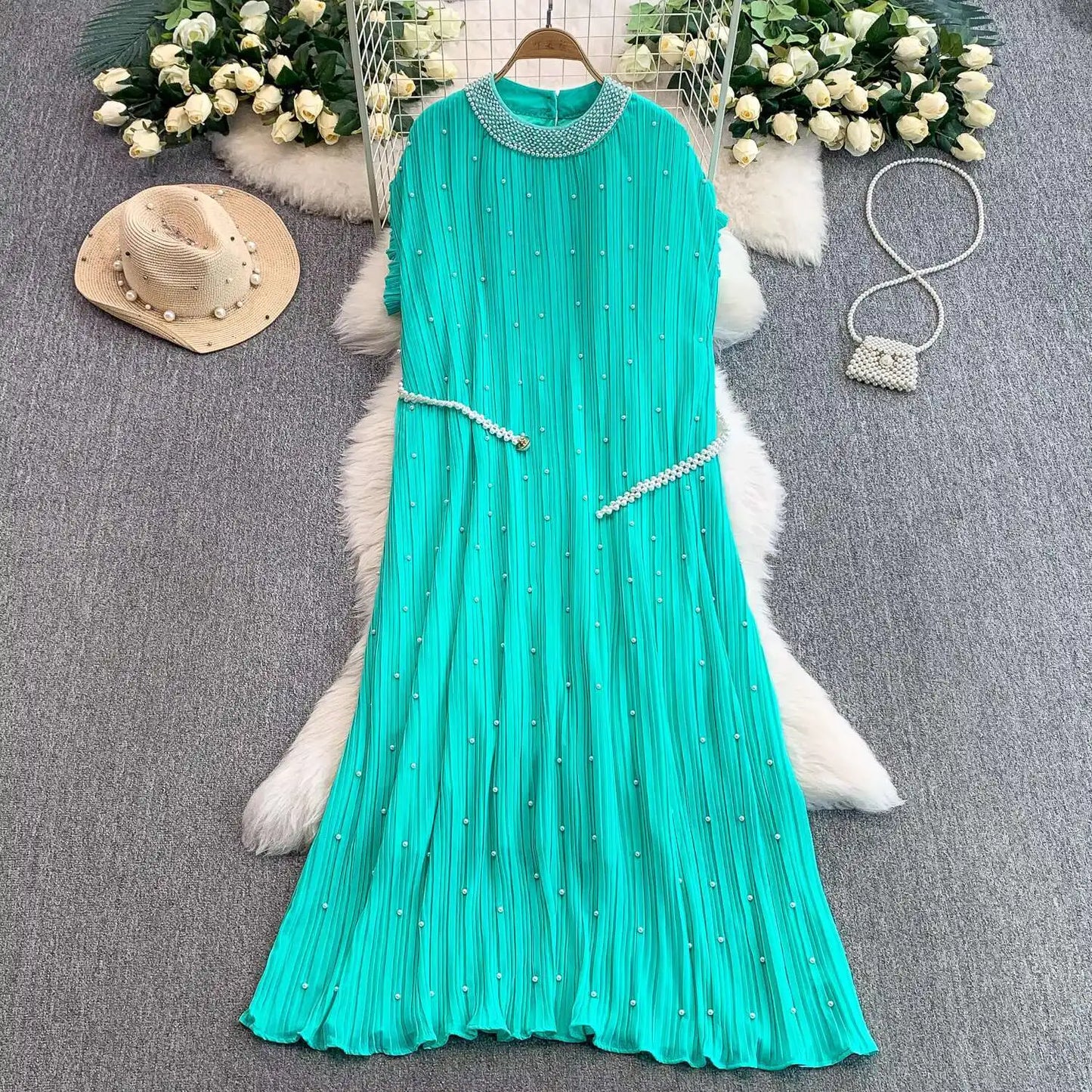 Summer Luxury Pearls Long Chiffon Dress For Women Loose Big Size Short Sleeve Crystal Birthday Evening Midi Pleated Dresses