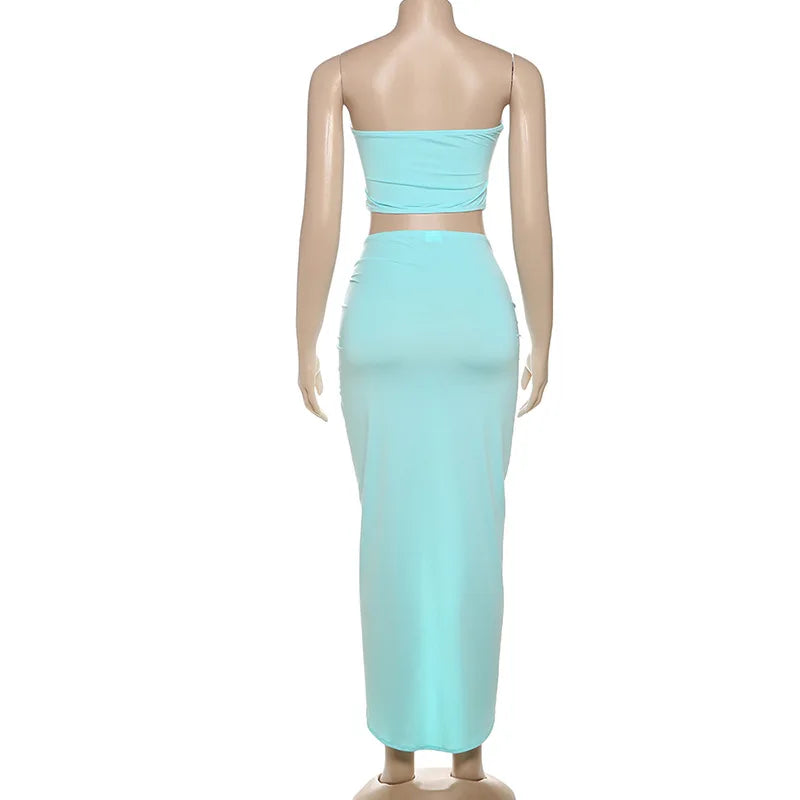 Hollow Metal Buckle 2 Piece Set Resort Wear Women Y2K Split Maxi Skirt Matching Clubwear Outfits