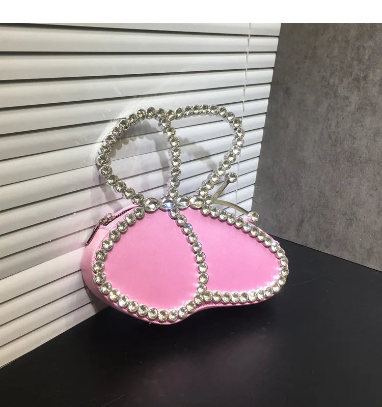 White Rhinestone Pink Butterfly Wedding Evening Clutches Party Prom Purse