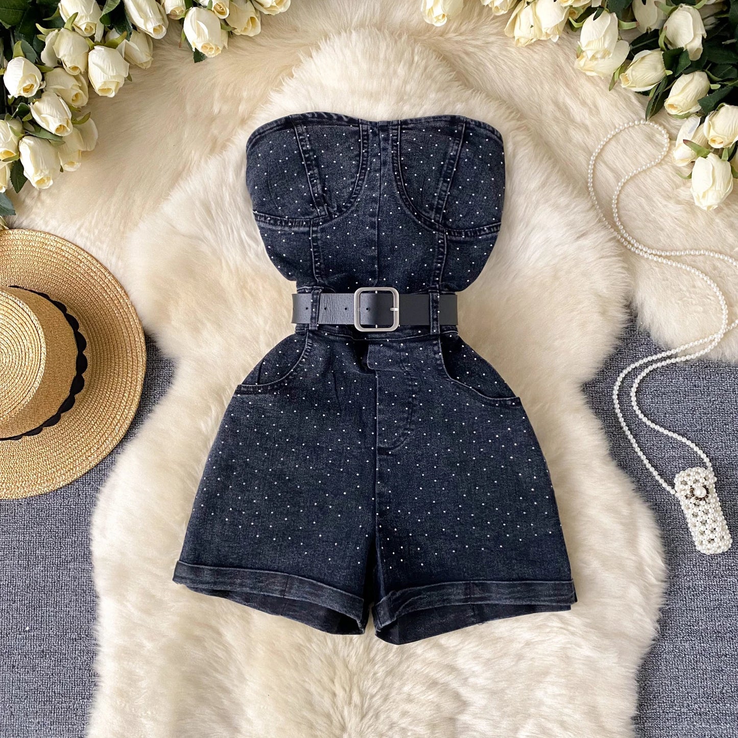 Women Denim One Pieces Summer Playsuit High Waist Slim Sleeveless Strapless Sashes Outfits