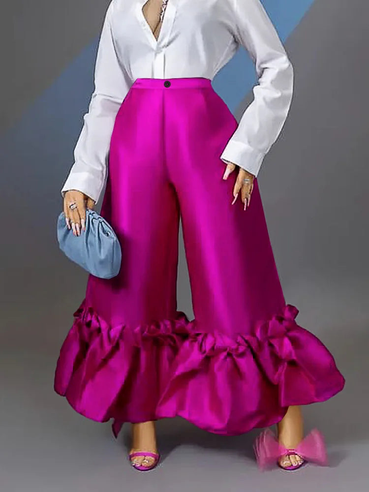 Women Pants High Waist Flare Pants Slim Fit Sexy Solid Ruffles Loose Casual Regular Wide Leg Long Trousers