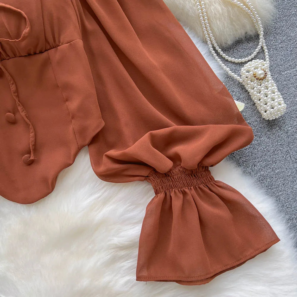 Flare Sleeve Women Top Ruffle Solid Elastic Waist Halter Backless Chiffon Blouse