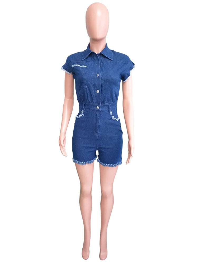 Elastic Blue Jeans One Piece Overalls Women Short Sleeve Turn-down Collar Stretch Denim Short Jumpsuit Romper Playsuits