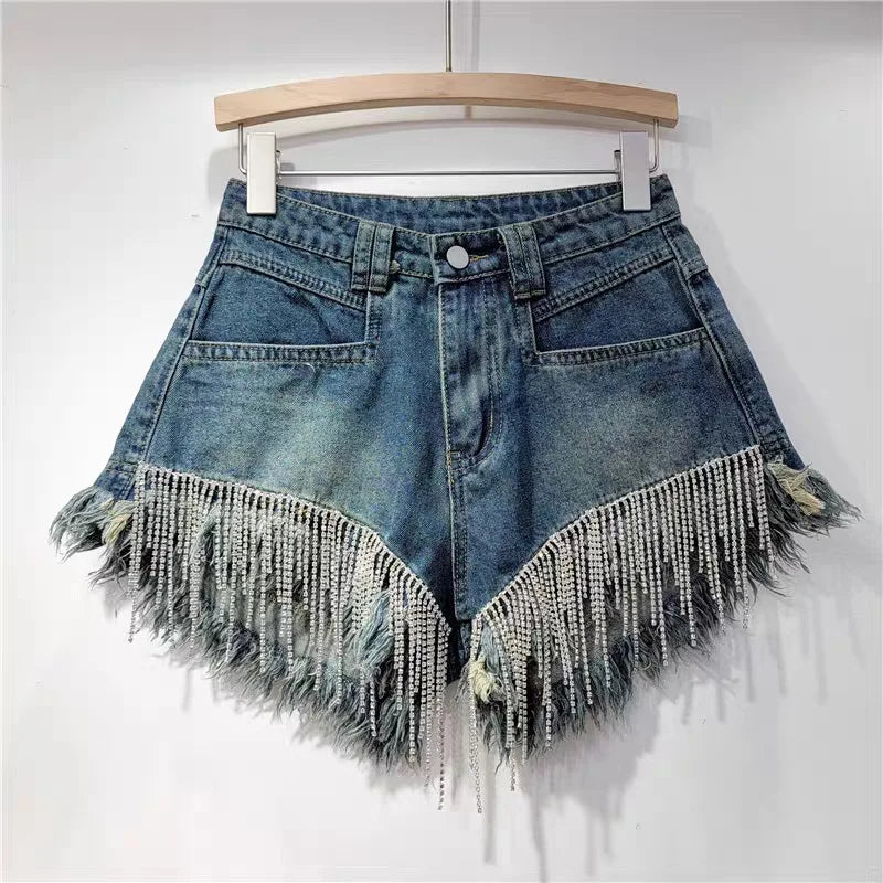 Denim shorts women's heavy industry rhinestone design high waist hot pants