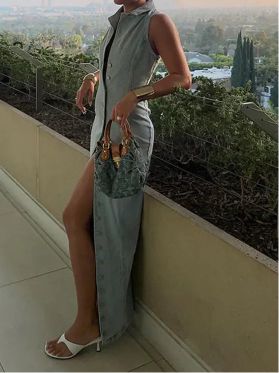 New Women's Sleeveless Denim Lapel Maxi Dresses With Long-Button