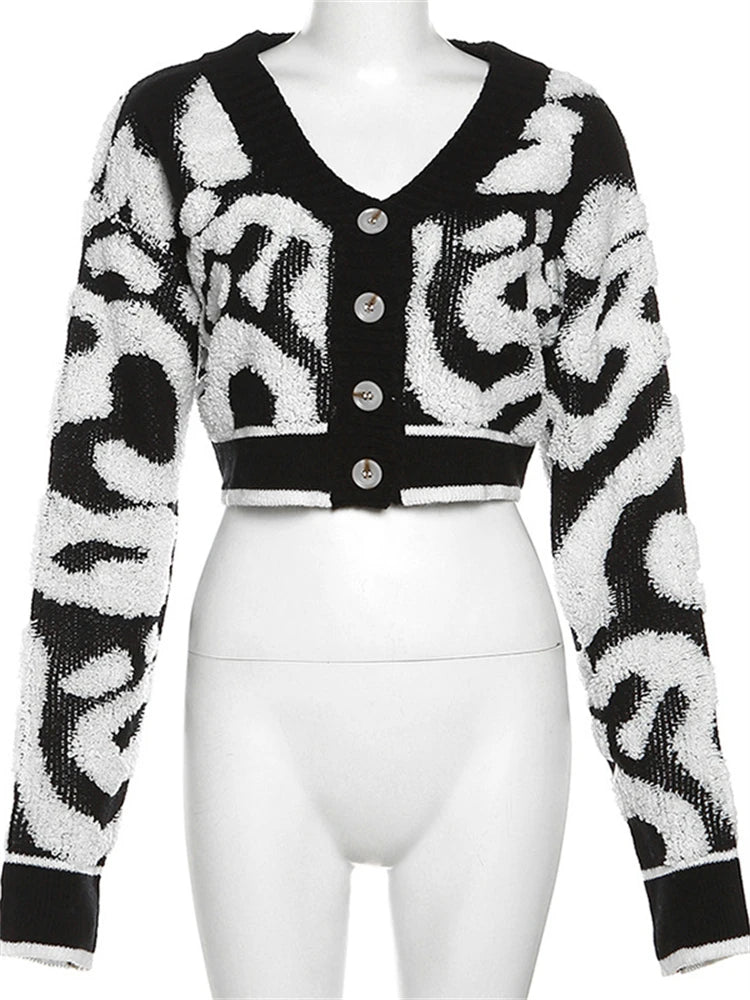 Women Bare Midriff Sweet Knitted Crop Cardigan Girls Fleece Patchwork Warm Button Sweater