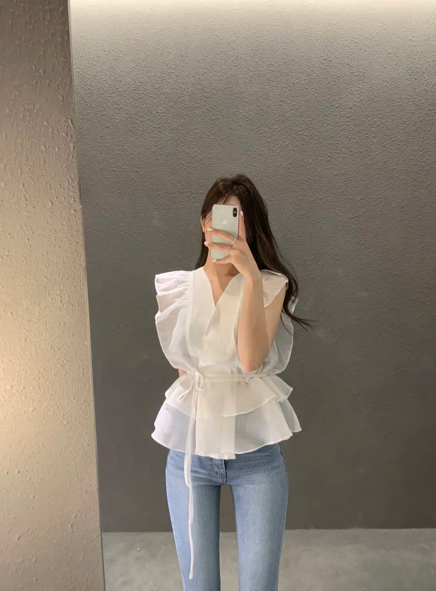 Lace Up Top Ruffled V-neck Sleeveless Shirts Blouse for Women