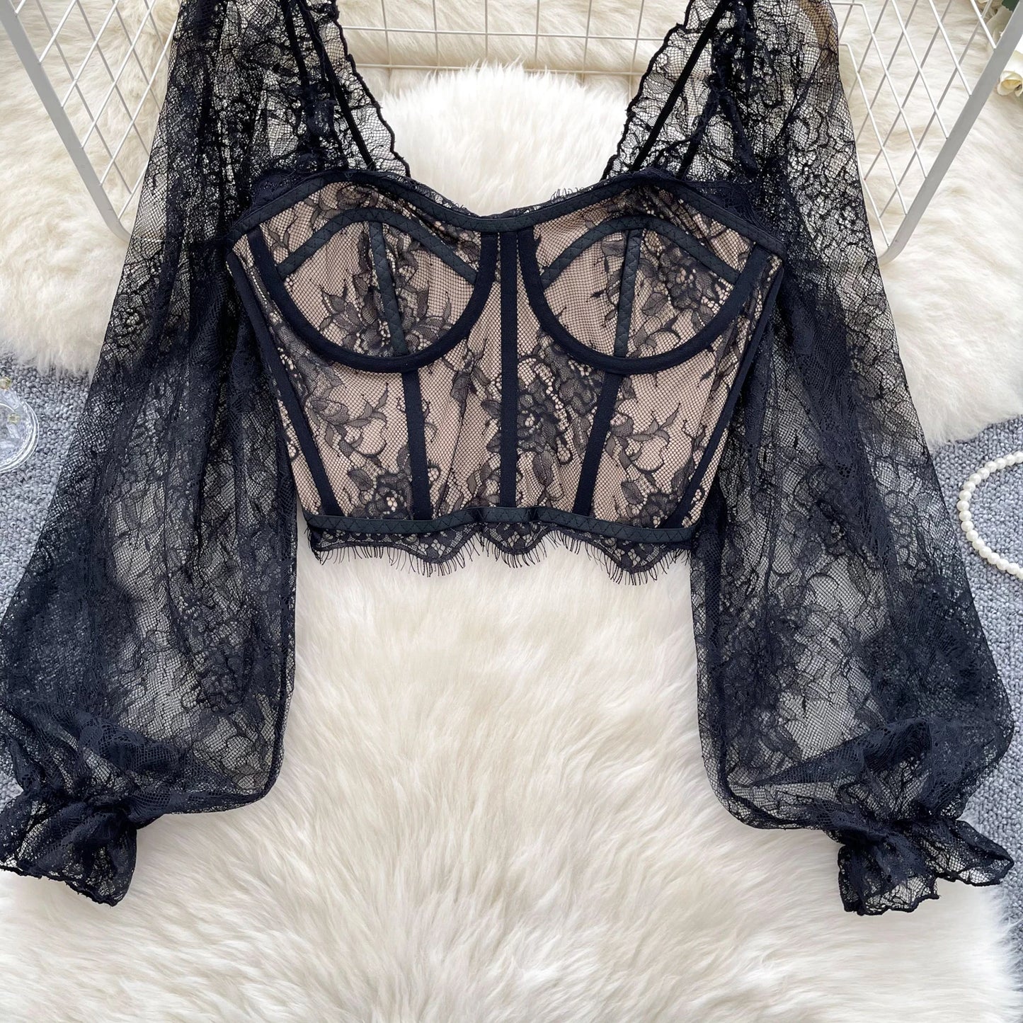 Lace Sexy Blouse Women Flare Sleeve Square Collar Embroidery Blouse High Quality Short Top
