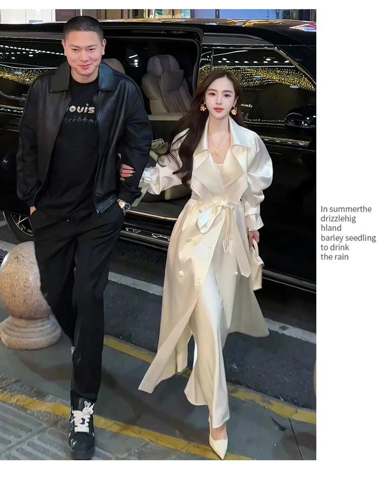 Long Flowy Shiny White Trench Coat for Women Double Breasted Design