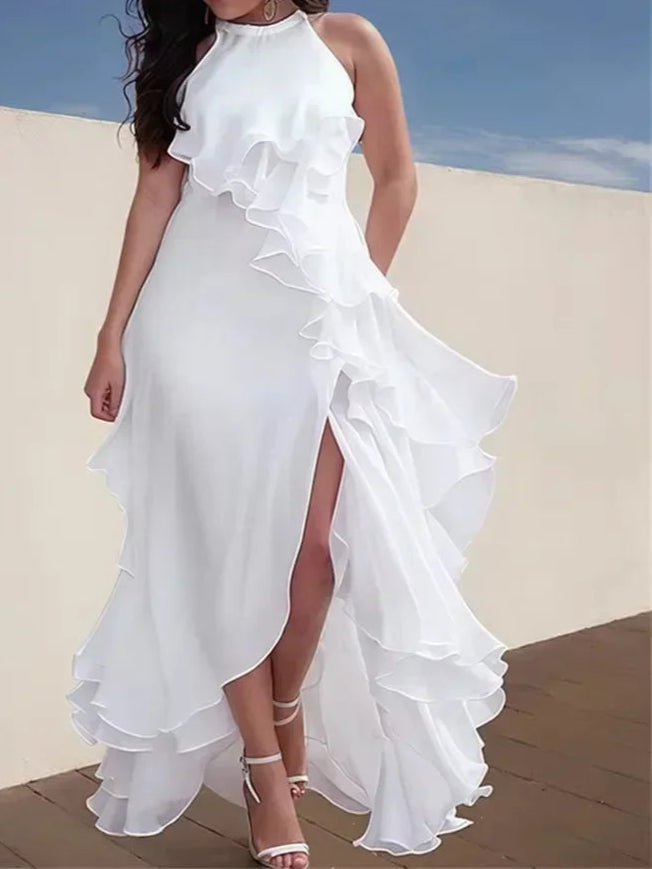 Wedding Bridesmaid White Dress Sleeveless Layered Ruffled Solid Dress