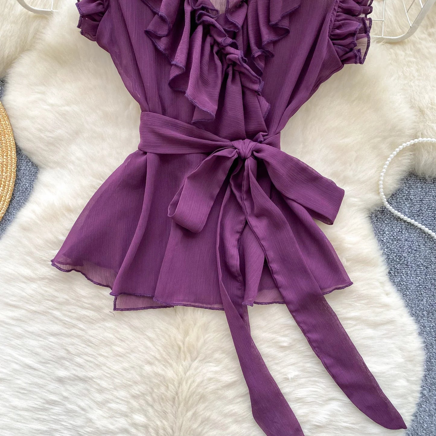 Sweet Ruffles Chiffon Blouses Women Sleeveless V Neck Retro Lace Up Blouse