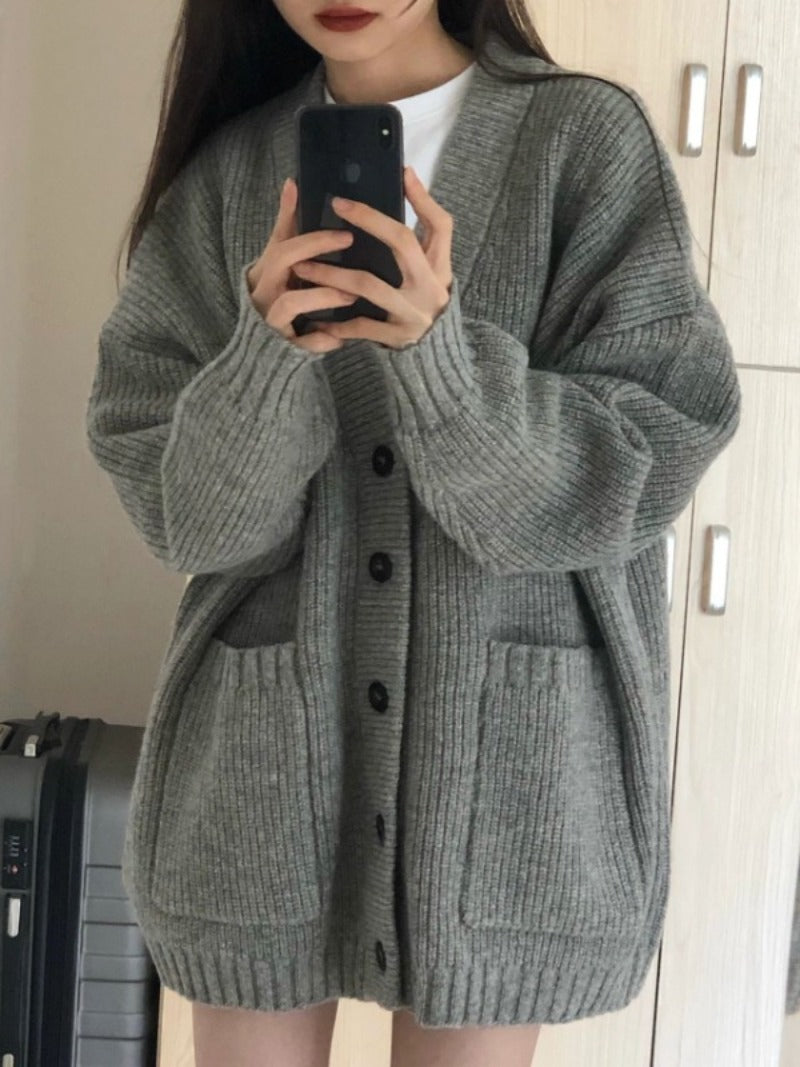 Women Cardigan Long Sleeve V-neck Loose Knitted Sweater Cardigan