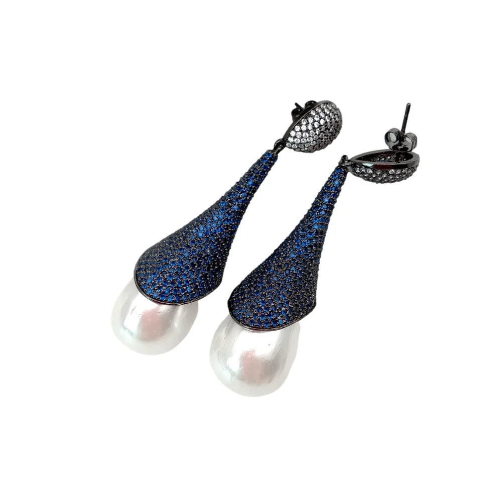16x25MM White Sea Shell Pearl Colbalt CZ Pave Gunmetal Dangle Stud Earrings