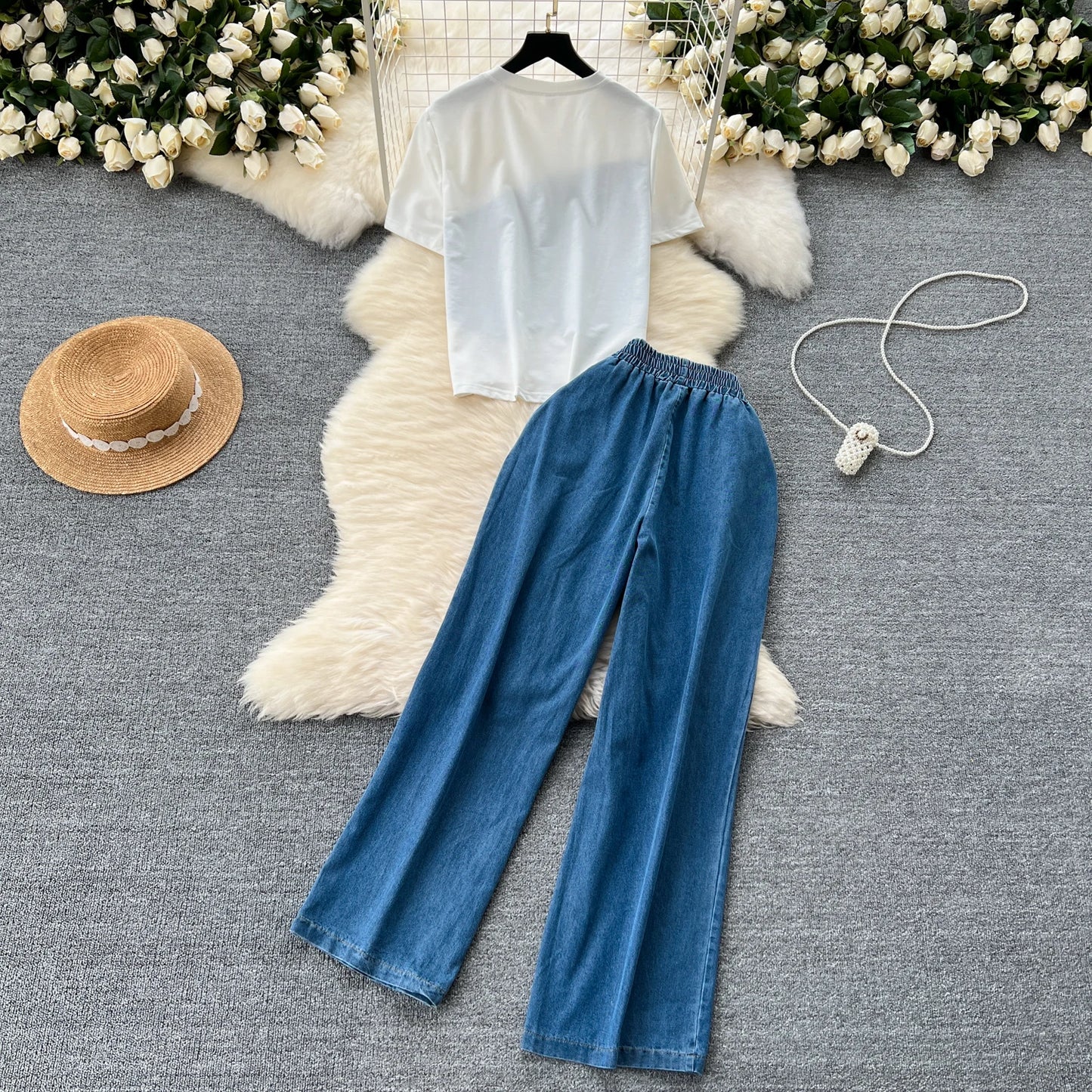 Women Denim pant sets Design Matching Color Short-sleeved T-shirt Tops + High-waisted Casual Pants