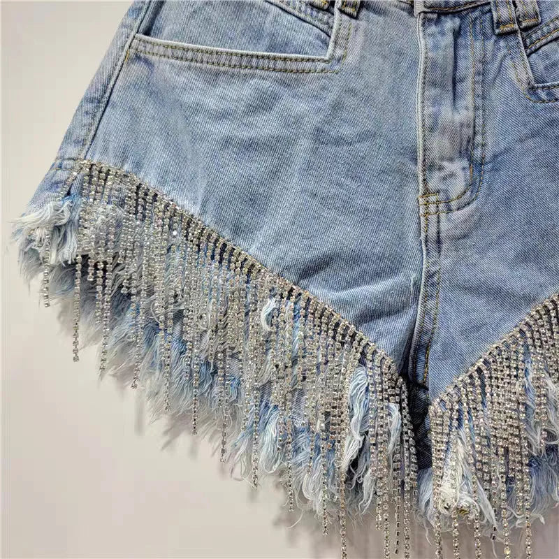Denim shorts women's heavy industry rhinestone design high waist hot pants