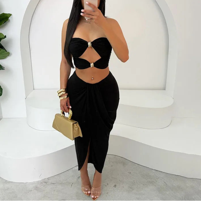 Hollow Metal Buckle 2 Piece Set Resort Wear Women Y2K Split Maxi Skirt Matching Clubwear Outfits