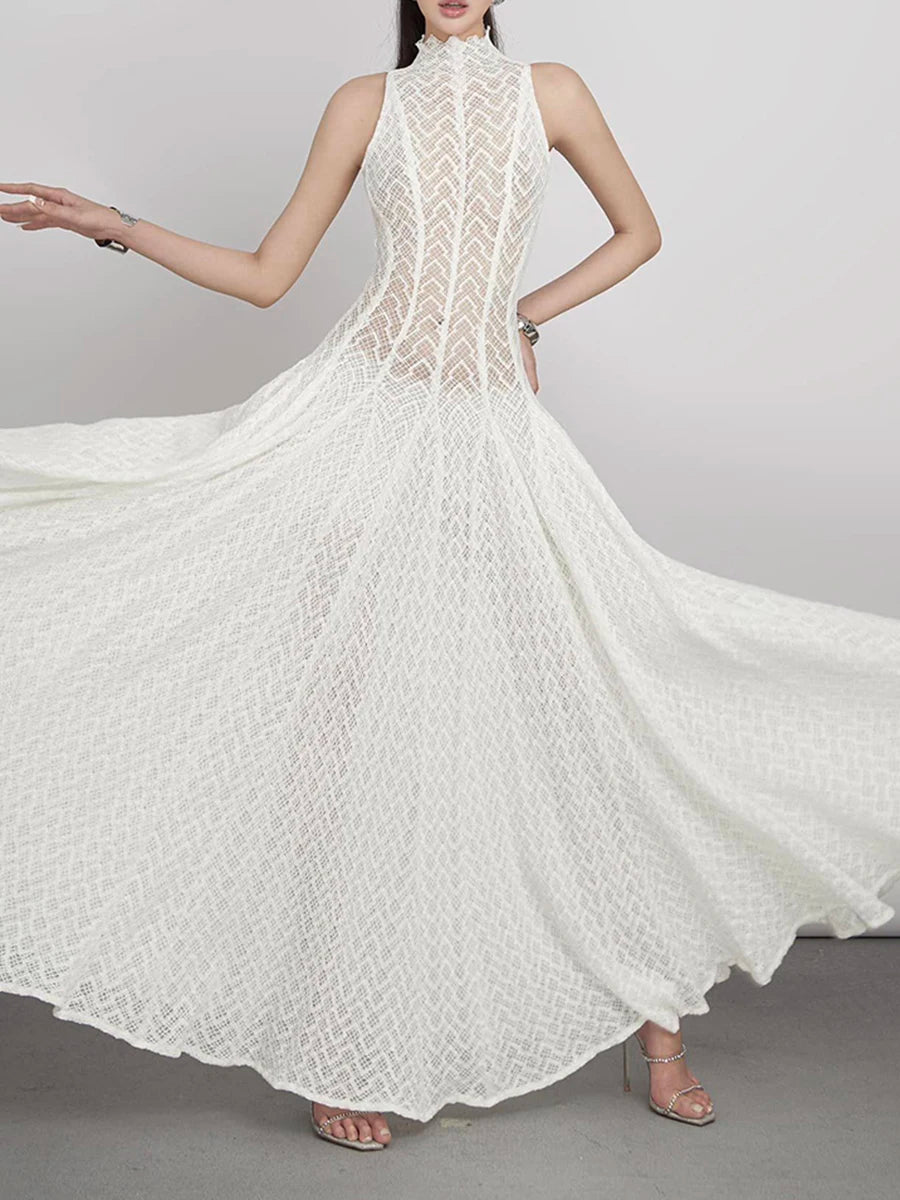 Solid Spliced Appliques Loose Maxi Dress For Women O Neck Sleeveless High Waist Dress