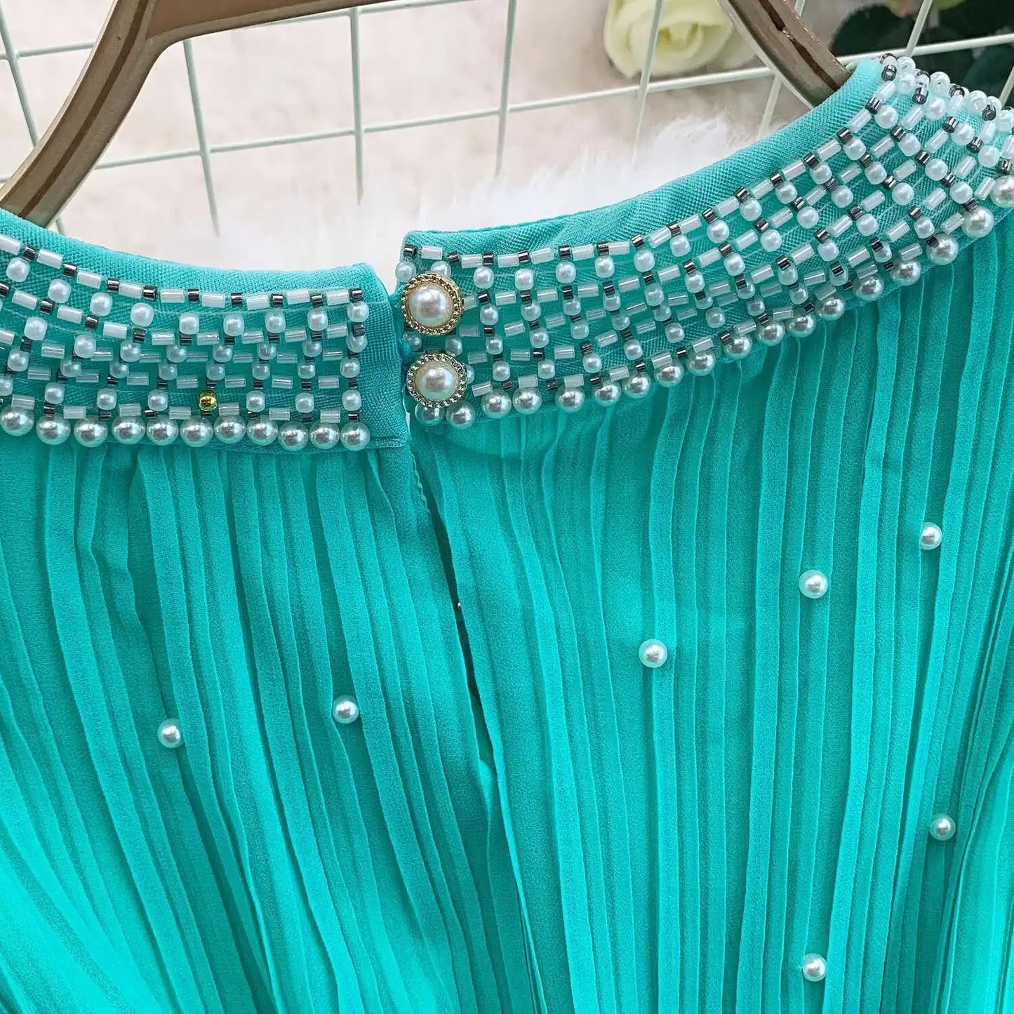 Summer Luxury Pearls Long Chiffon Dress For Women Loose Big Size Short Sleeve Crystal Birthday Evening Midi Pleated Dresses
