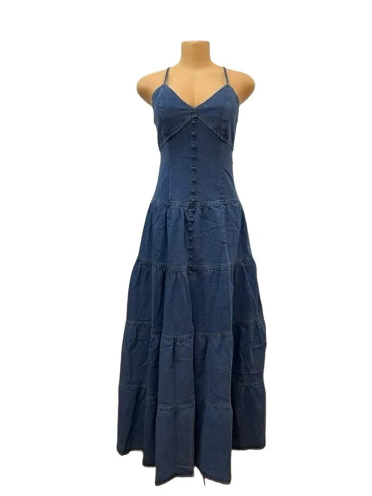 Elegant Sexy Deep V Neck Halter Denim Maxi Dress