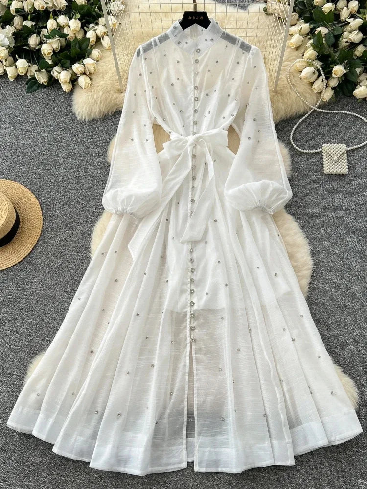 Elegant Lantern Sleeves Vintage Stand Collar Chic Single Breasted Rhinestone Bandage Slim High Street Long Dresses